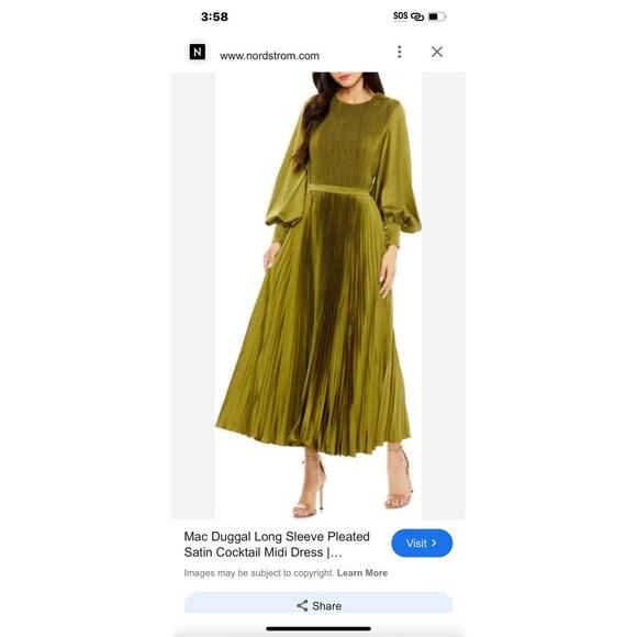 Mac Duggal Long Sleeve Pleated Satin Cocktail Mid Dress Olive Green Size 12 NWT - Picture 4 of 9